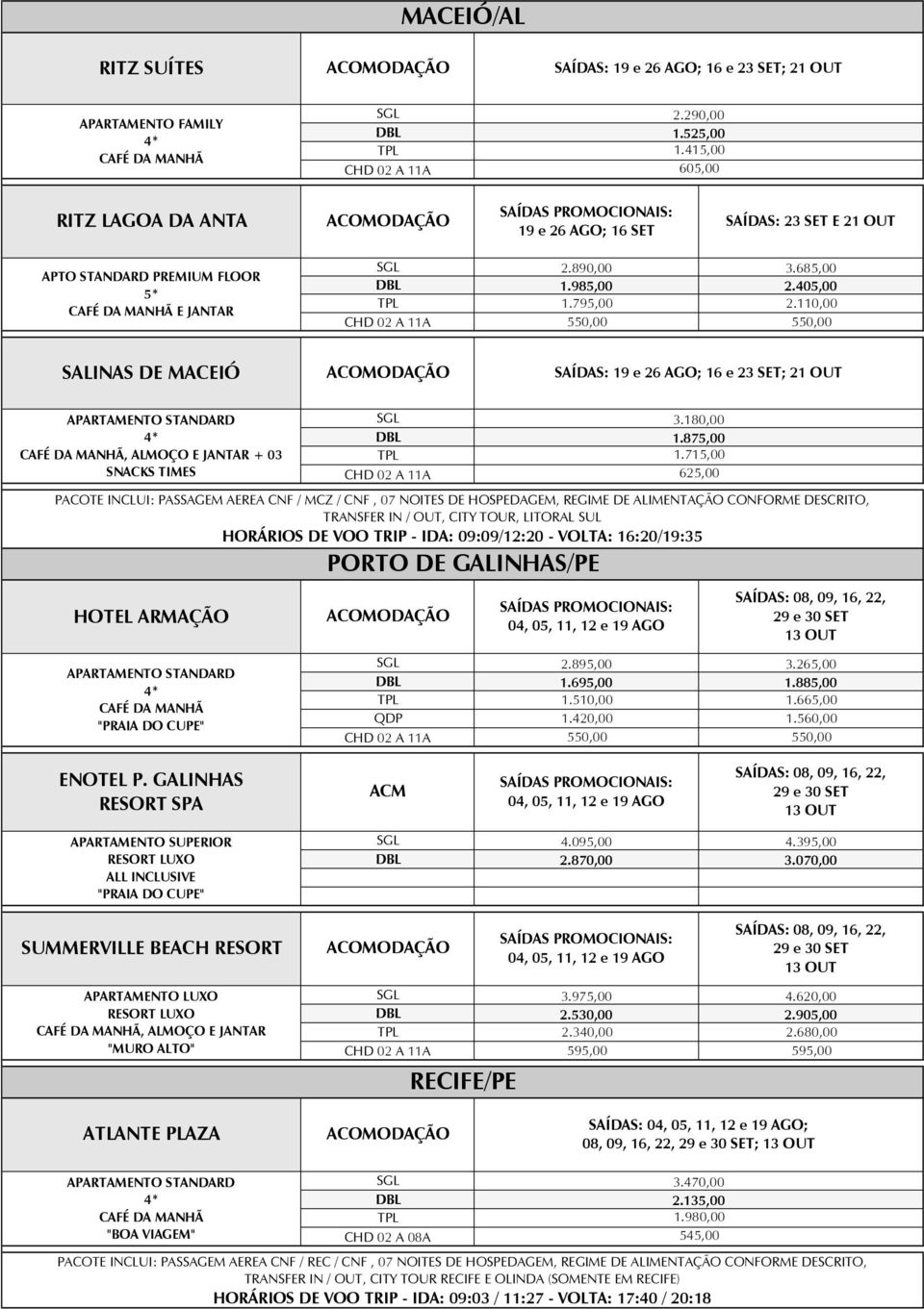 110,00 550,00 550,00 SALINAS DE MACEIÓ SAÍDAS: 19 e 26 AGO; 16 e 23 SET; 21 OUT, ALMOÇO E JANTAR + 03 SNACKS TIMES HOTEL ARMAÇÃO PORTO DE GALINHAS/PE 3.180,00 1.875,00 1.