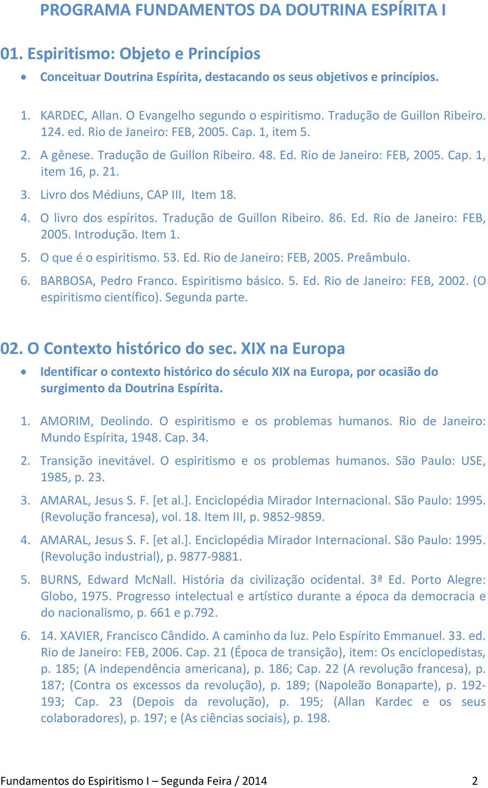 21. 3. Livro dos Médiuns, CAP III, Item 18. 4. O livro dos espíritos. Tradução de Guillon Ribeiro. 86. Ed. Rio de Janeiro: FEB, 2005. Introdução. Item 1. 5. O que é o espiritismo. 53. Ed. Rio de Janeiro: FEB, 2005. Preâmbulo.