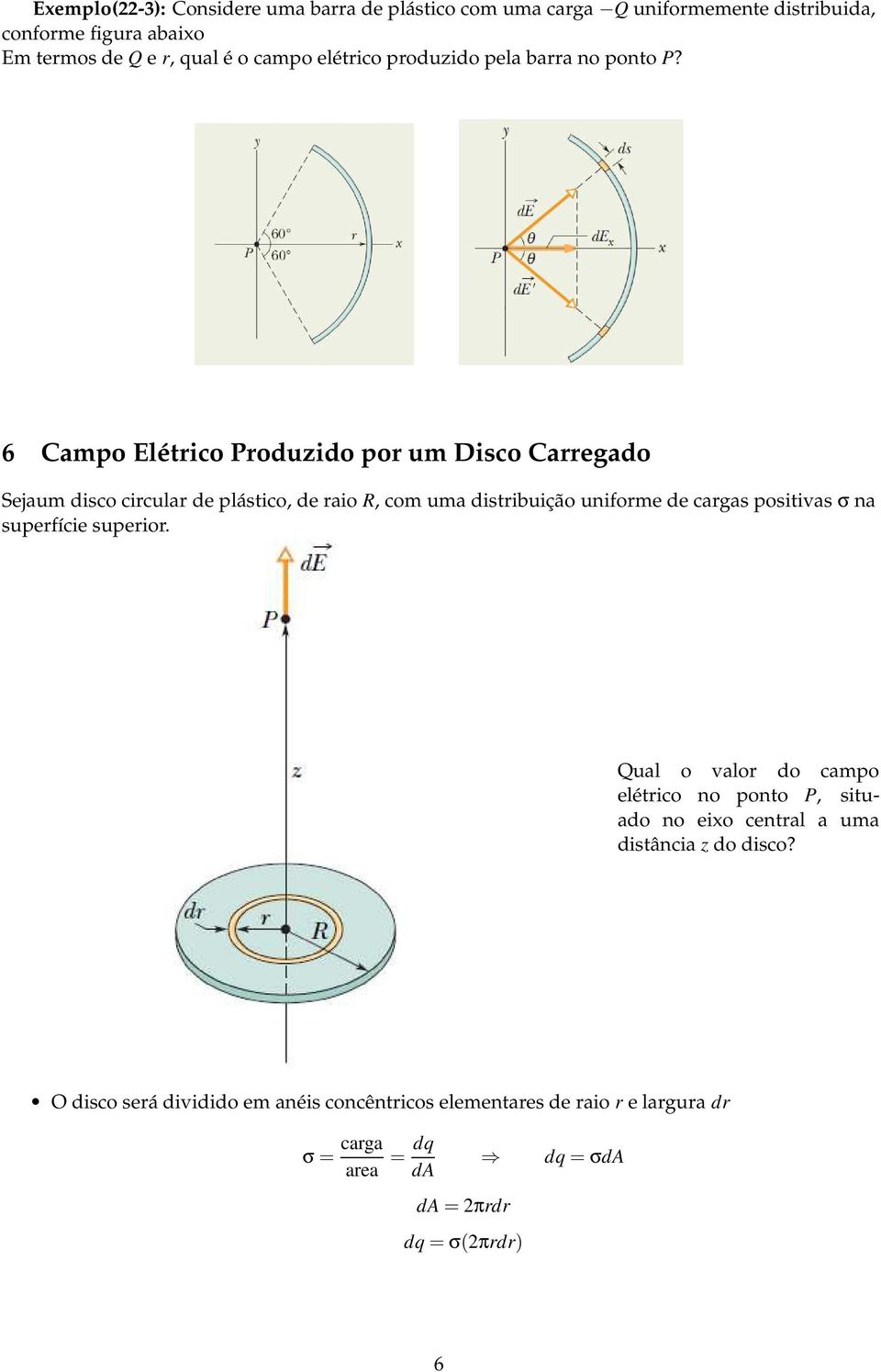 6 Campo létrico Produzido por um Disco Carregado Sejaum disco circular de plástico, de raio R, com uma distribuição uniforme de cargas