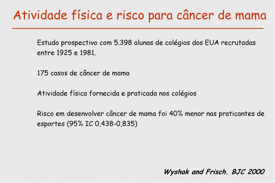 175 casos de câncer de mama Atividade física fornecida e praticada nos colégios