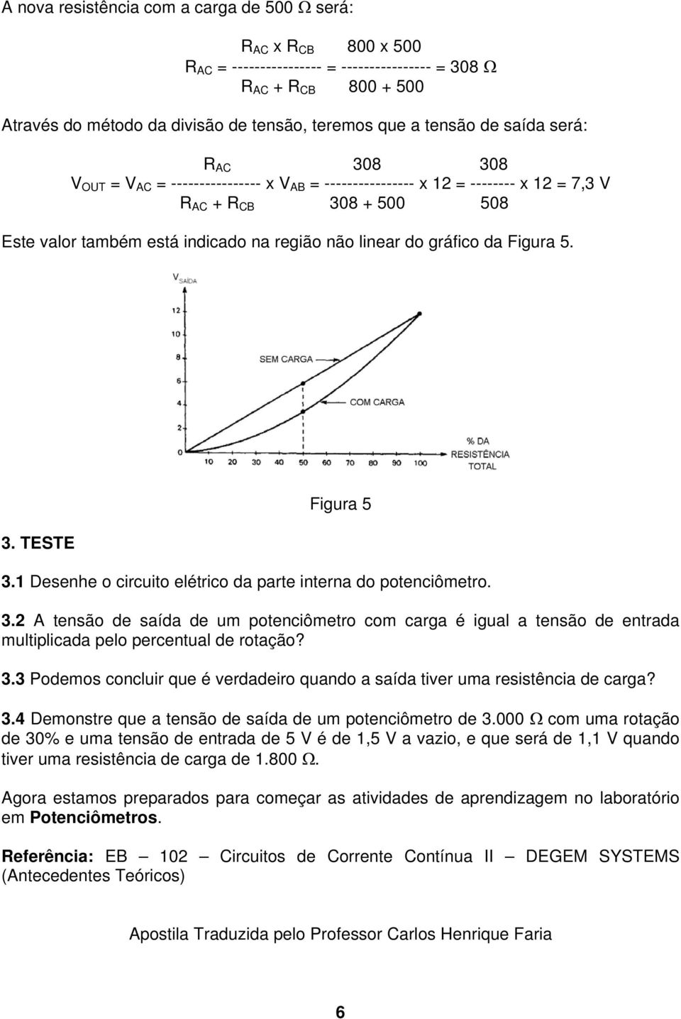 linear do gráfico da Figura 5. 3. TESTE Figura 5 3.1 Desenhe o circuito elétrico da parte interna do potenciômetro. 3.2 A tensão de saída de um potenciômetro com carga é igual a tensão de entrada multiplicada pelo percentual de rotação?