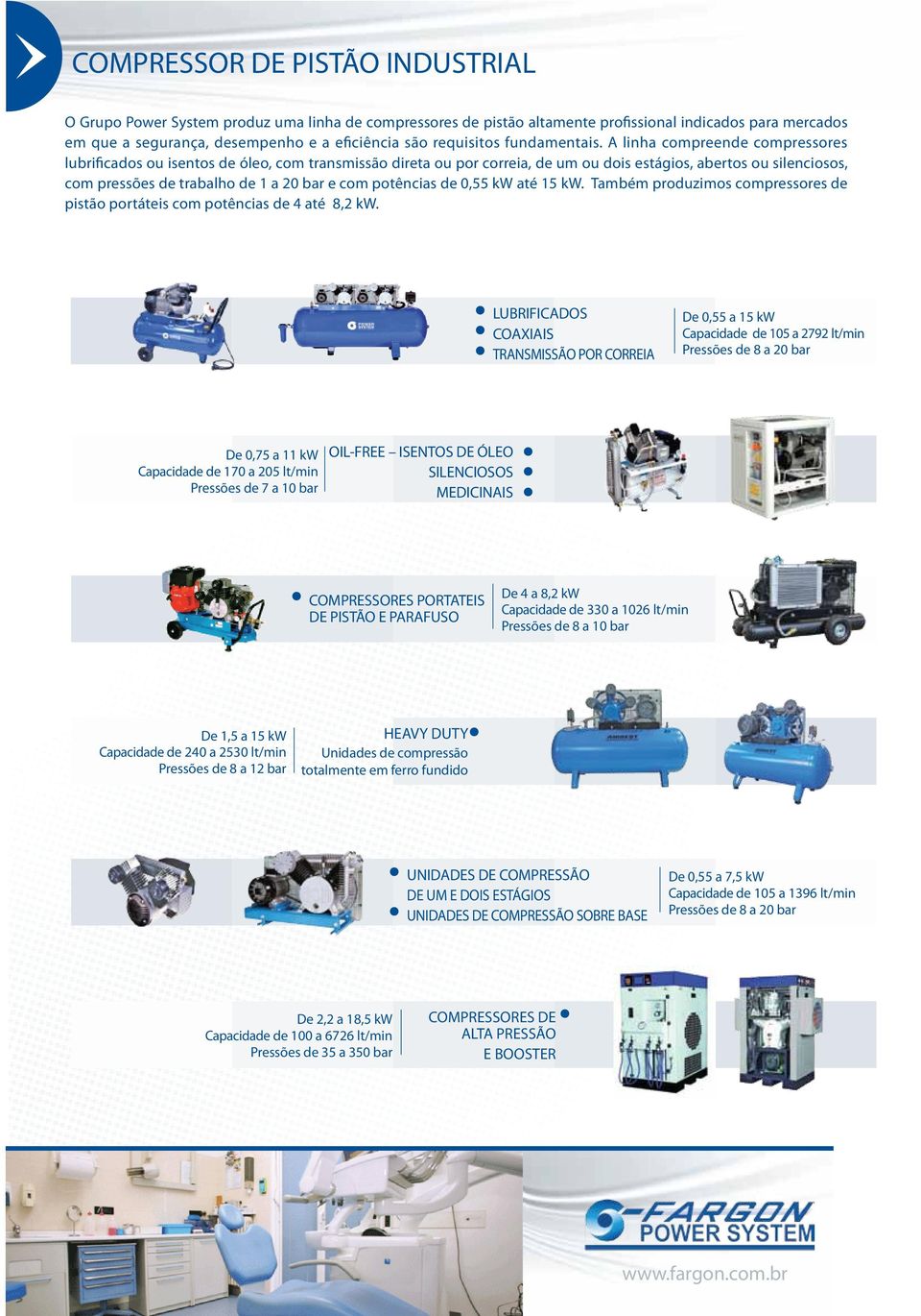 A linha compreende compressores lubrificados ou isentos de óleo, com transmissão direta ou por correia, de um ou dois estágios, abertos ou silenciosos, com pressões de trabalho de 1 a 20 bar e com