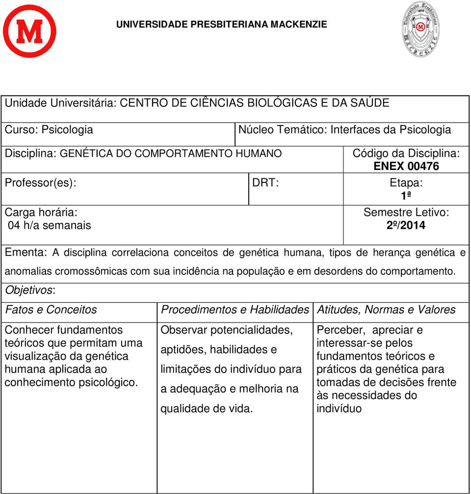 cromossômicas com sua incidência na população e em desordens do comportamento.