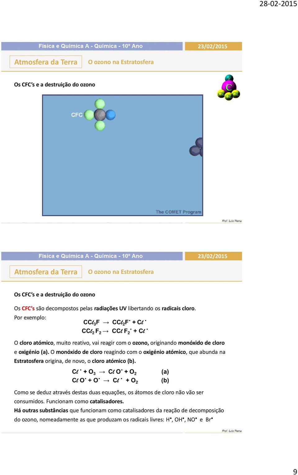 O monóxido de cloro reagindo com o oxigénio atómico, que abunda na Estratosfera origina, de novo, o cloro atómico (b).