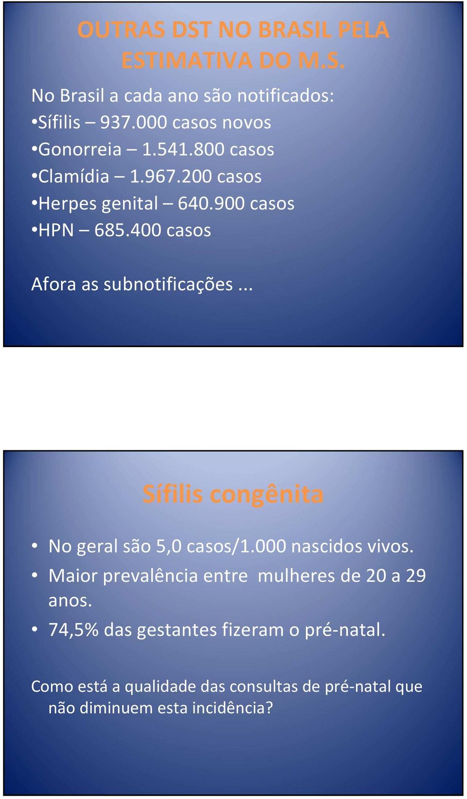 400 casos Afora as subnotificações... Sífilis congênita No geral são 5,0 casos/1.000 nascidos vivos.