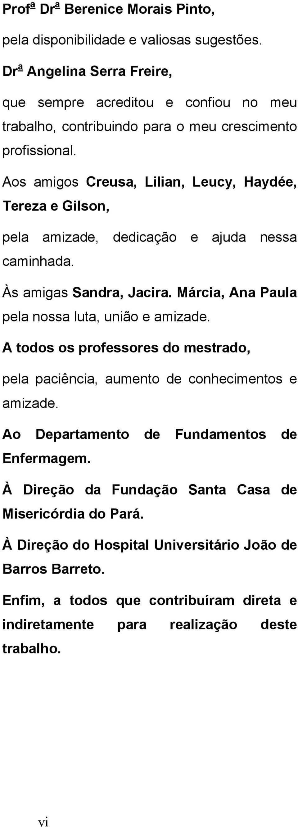 Aos amigos Creusa, Lilian, Leucy, Haydée, Tereza e Gilson, pela amizade, dedicação e ajuda nessa caminhada. Às amigas Sandra, Jacira.