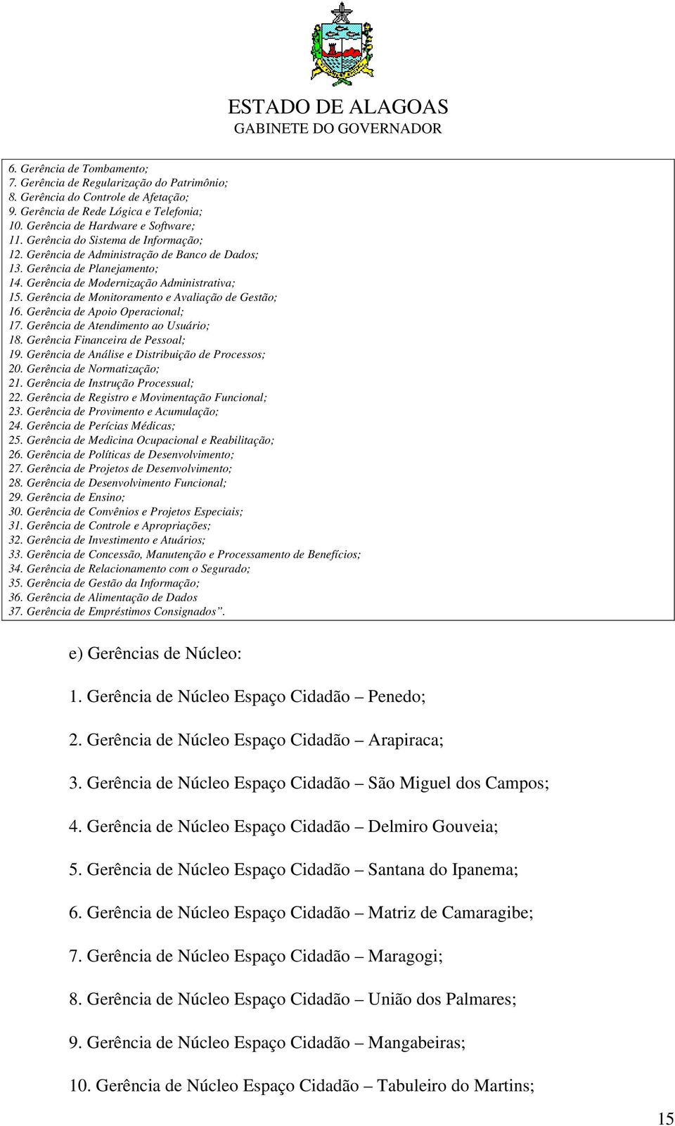 Gerência de Monitoramento e Avaliação de Gestão; 16. Gerência de Apoio Operacional; 17. Gerência de Atendimento ao Usuário; 18. Gerência Financeira de Pessoal; 19.