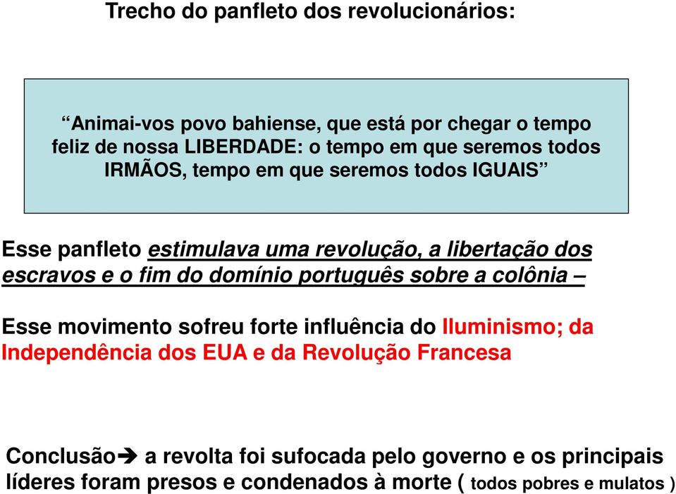 do domínio português sobre a colônia Esse movimento sofreu forte influência do Iluminismo; da Independência dos EUA e da Revolução