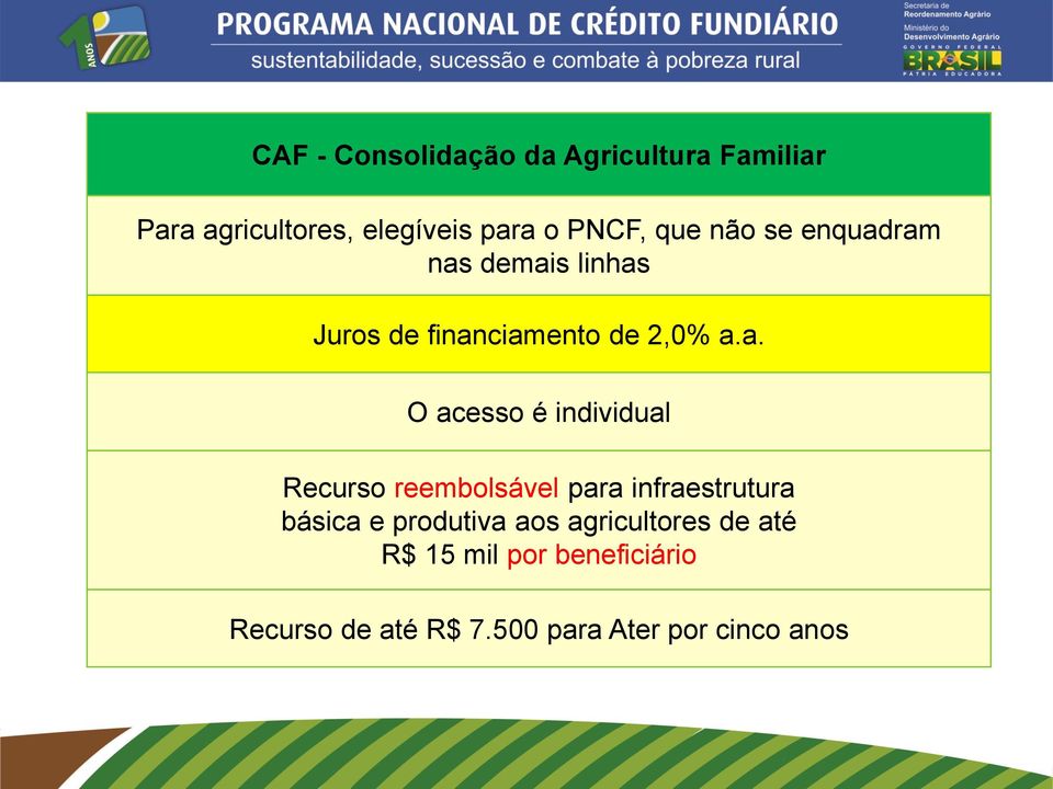 ram nas demais linhas Juros de financiamento de 2,0% a.a. O acesso é individual