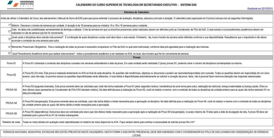 A duração é de 18 semanas para os módulos 1A e 1B e 16 semanas para o restante. Data: As datas são contabilizadas semanalmente de domingo a sábado.