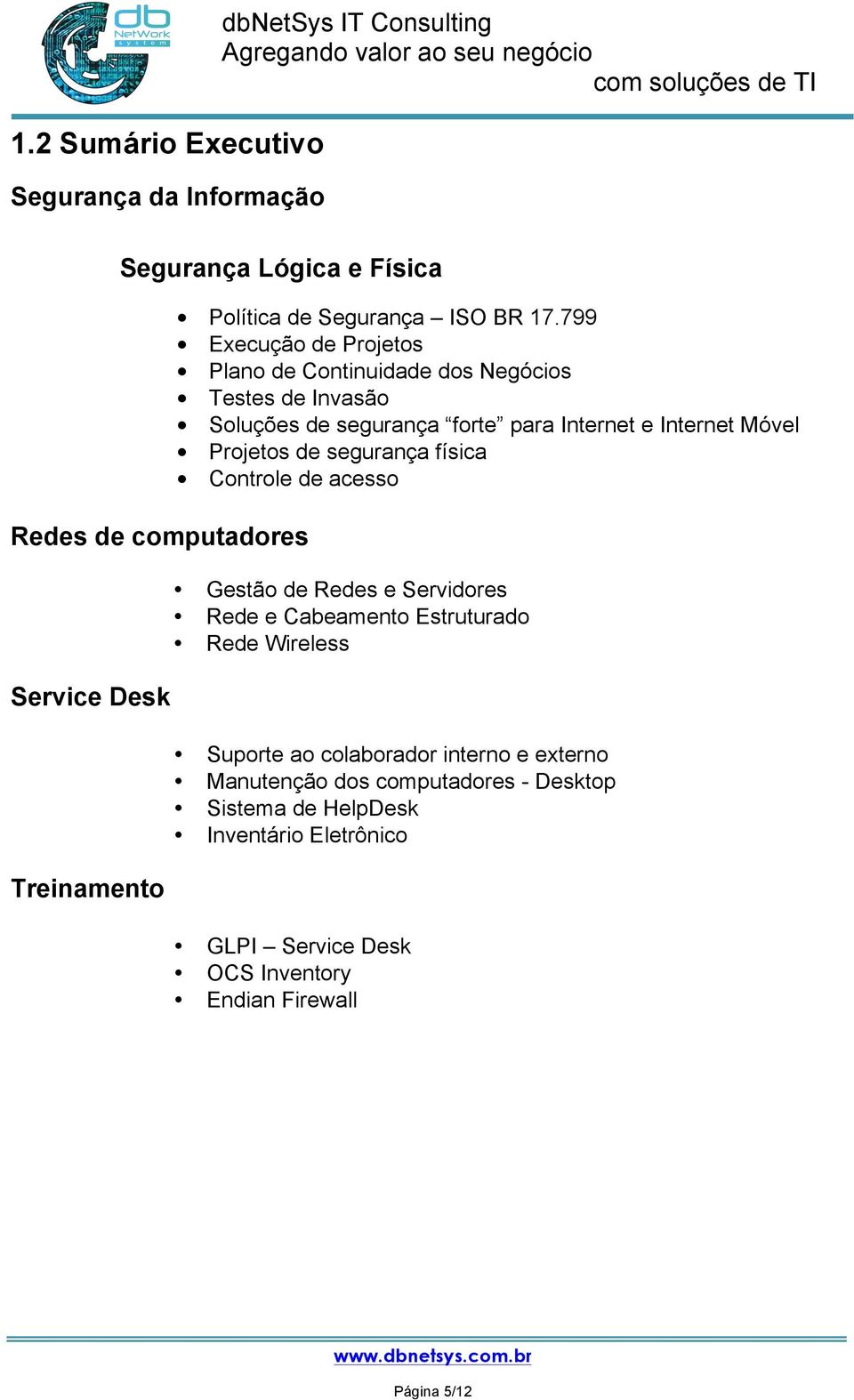 799 Execução de Projetos Plano de Continuidade dos Negócios Testes de Invasão Soluções de segurança forte para Internet e Internet Móvel Projetos de