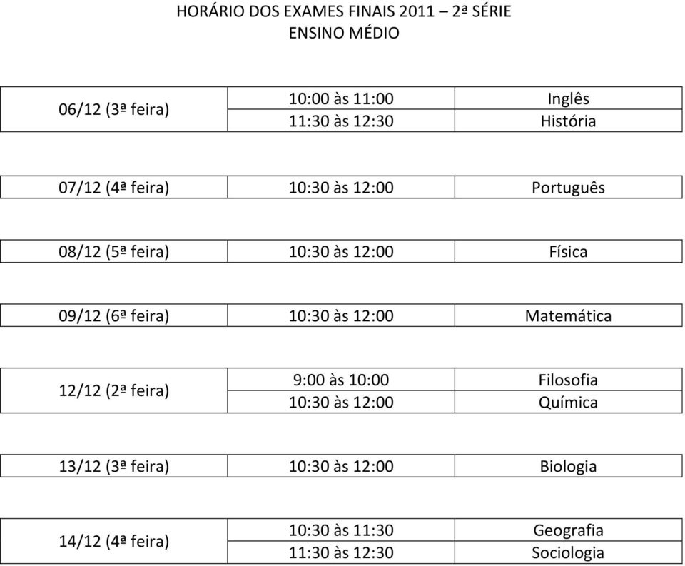 (6ª feira) 10:30 às 12:00 Matemática 12/12 (2ª feira) 9:00 às 10:00 Filosofia 10:30 às 12:00 Química