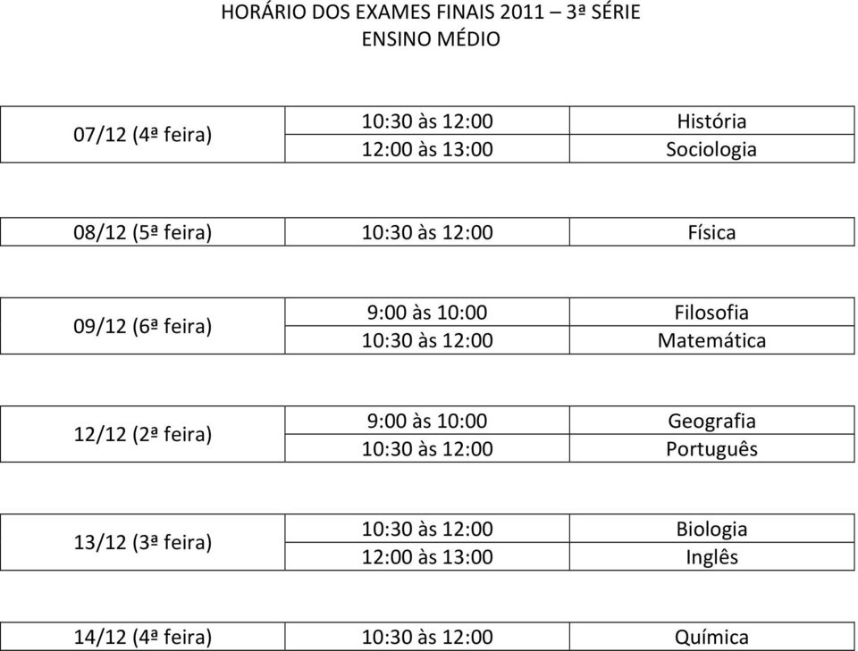 Filosofia 10:30 às 12:00 Matemática 12/12 (2ª feira) 9:00 às 10:00 Geografia 10:30 às 12:00