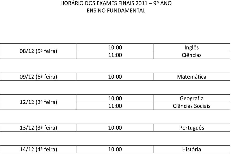 Matemática 12/12 (2ª feira) 10:00 Geografia 11:00 Ciências