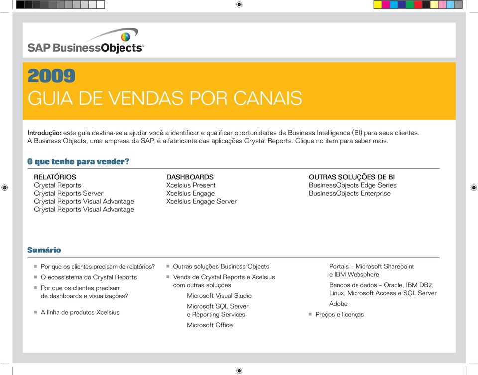 RELATÓRIOS Crystal Reports Crystal Reports Server Crystal Reports Visual Advantage Crystal Reports Visual Advantage DASHBOARDS Xcelsius Present