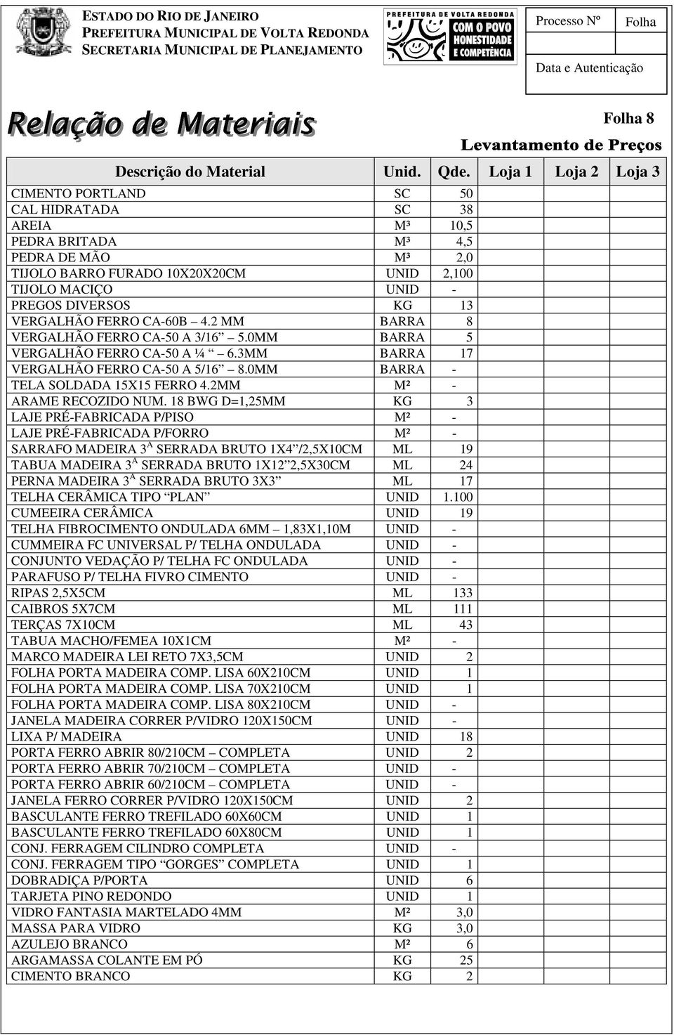 KG 13 VERGALHÃO FERRO CA-60B 4.2 MM BARRA 8 VERGALHÃO FERRO CA-50 A 3/16 5.0MM BARRA 5 VERGALHÃO FERRO CA-50 A ¼ 6.3MM BARRA 17 VERGALHÃO FERRO CA-50 A 5/16 8.0MM BARRA - TELA SOLDADA 15X15 FERRO 4.