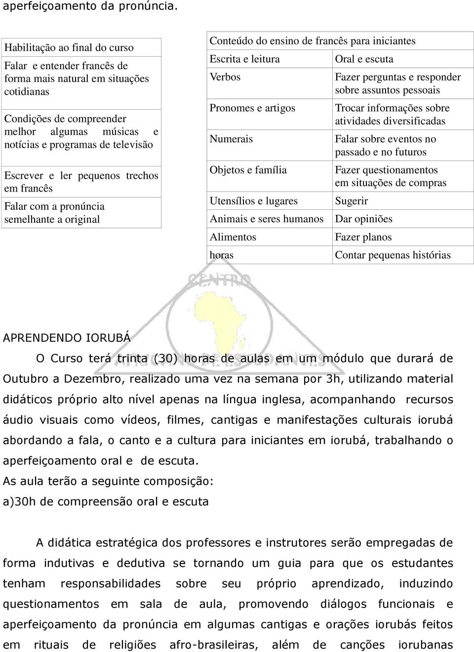 pequenos trechos em francês Falar com a pronúncia semelhante a original Conteúdo do ensino de francês para iniciantes Escrita e leitura Verbos Pronomes e artigos Numerais Objetos e família Utensílios