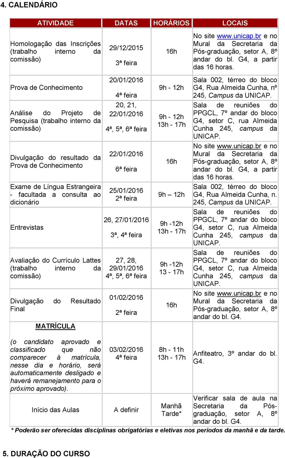 Final MATRÍCULA 29/12/2015 3ª feira 20/01/2016 4ª feira 20, 21, 22/01/2016 4ª, 5ª, 6ª feira 22/01/2016 6ª feira 25/01/2016 2ª feira 26, 27/01/2016 3ª, 4ª feira 27, 28, 29/01/2016 4ª, 5ª, 6ª feira