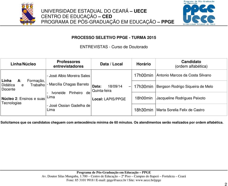 Data: 18/09/14 Quinta-feira Local: LAPIS/PPGE 17h00min Antonio Marcos da Costa Silvano 17h30min