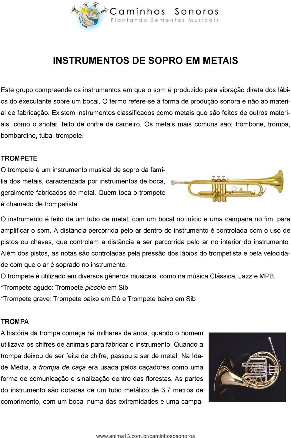Existem instrumentos classificados como metais que são feitos de outros materiais, como o shofar, feito de chifre de carneiro. Os metais mais comuns são: trombone, trompa, bombardino, tuba, trompete.