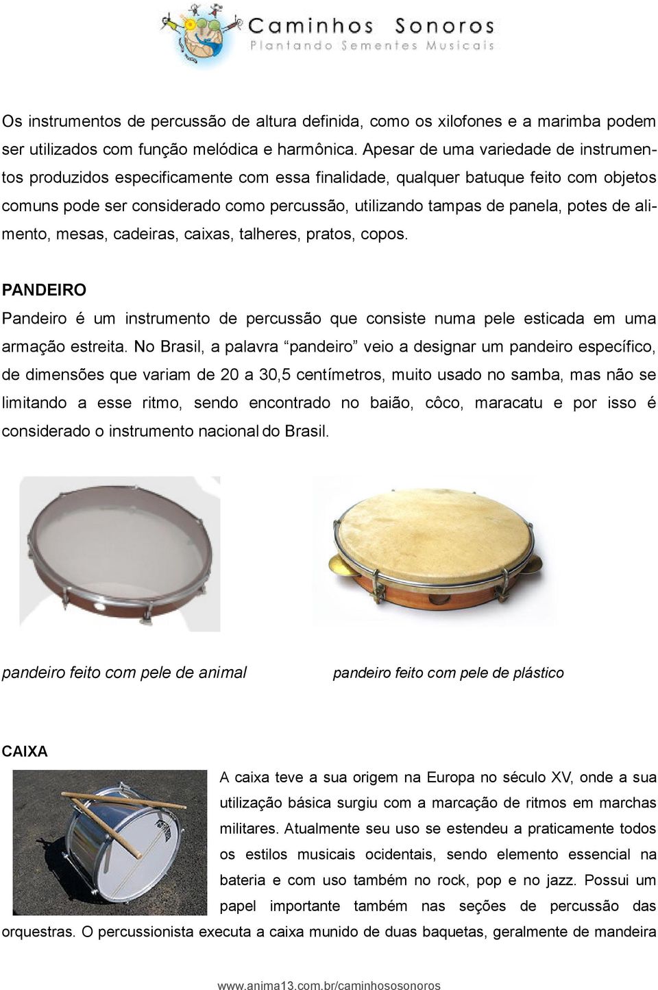 potes de alimento, mesas, cadeiras, caixas, talheres, pratos, copos. PANDEIRO Pandeiro é um instrumento de percussão que consiste numa pele esticada em uma armação estreita.