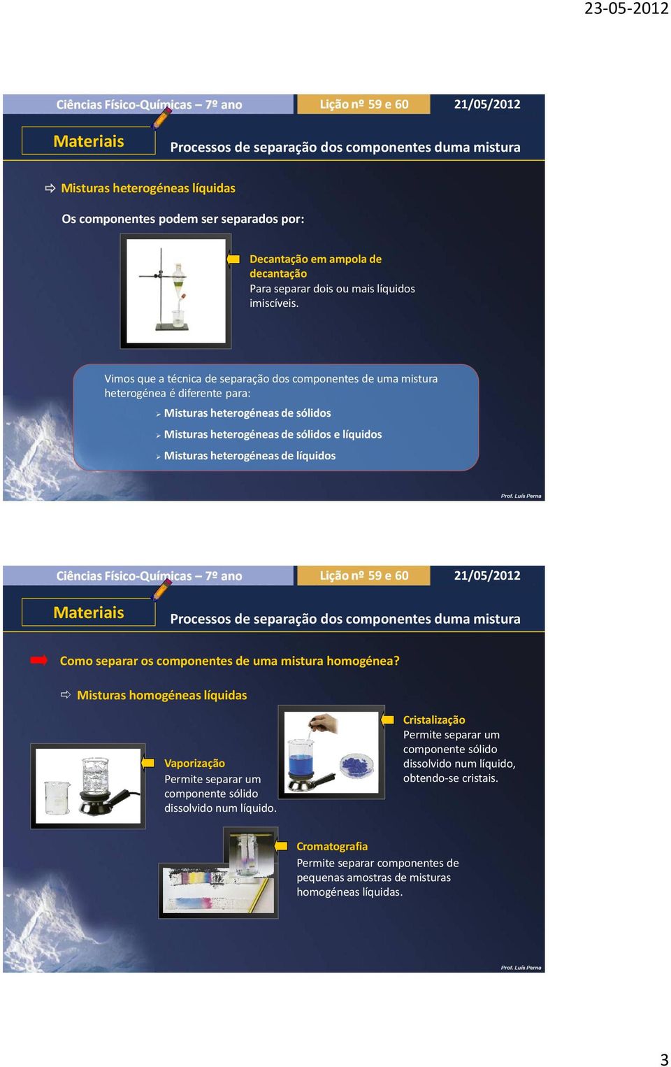 Misturas heterogéneas de líquidos Como separar os componentes de uma mistura homogénea?