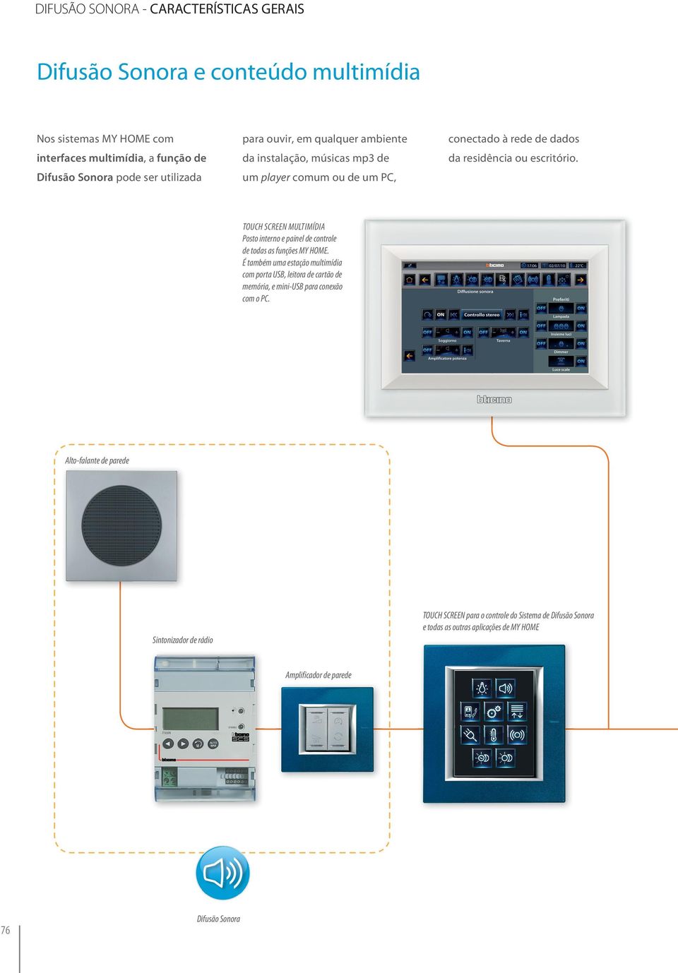 TOUCH SCREEN MULTIMÍDIA Posto interno e painel de controle de todas as funções MY HOME.