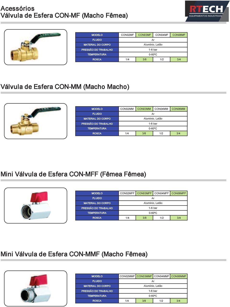 Mini Válvula de Esfera CON-MFF (Fêmea Fêmea) MATERIAL DO CORPO DO CON0MFF CON03MFF CON04MFF Ar Alumínio, Latão 1-6 bar 3/8 1/ CON06MFF