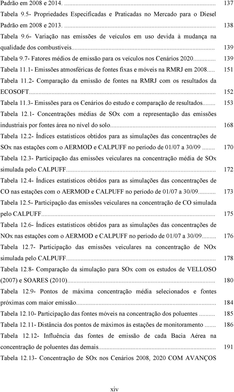 .. Tabela 11.3- Emissões para os Cenários do estudo e comparação de resultados... Tabela 12.