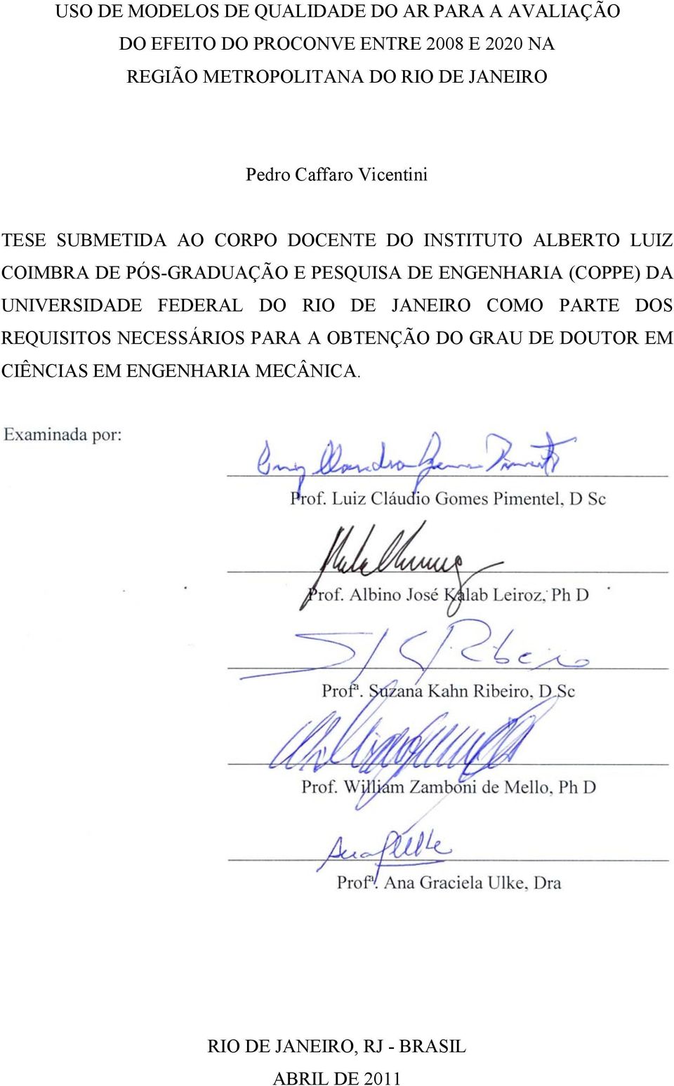 PÓS-GRADUAÇÃO E PESQUISA DE ENGENHARIA (COPPE) DA UNIVERSIDADE FEDERAL DO RIO DE JANEIRO COMO PARTE DOS REQUISITOS