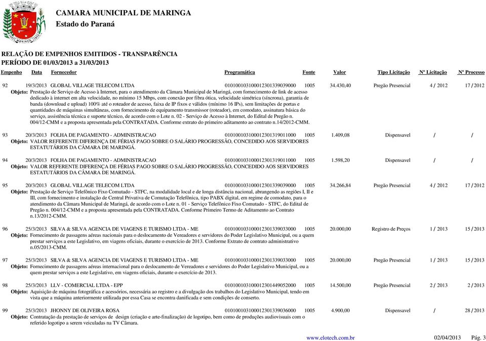 internet em alta velocidade, no mínimo 15 Mbps, com conexão por fibra ótica, velocidade simétrica (síncrona), garantia de banda (download e upload) 100% até o roteador de acesso, faixa de IP fixos e