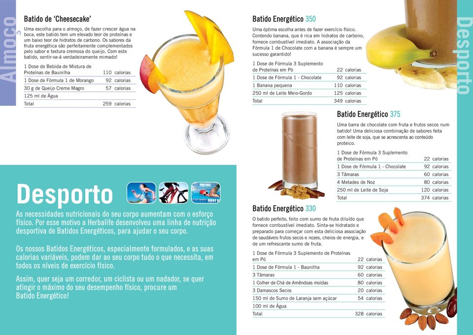 1 Dose de Bebida de Mistura de Proteínas de Baunilha 110 calorias 1 Dose de Fórmula 1 de Morango 92 calorias 30 g de Queijo Creme Magro 57 calorias 125 ml de Água 259 calorias Desporto As