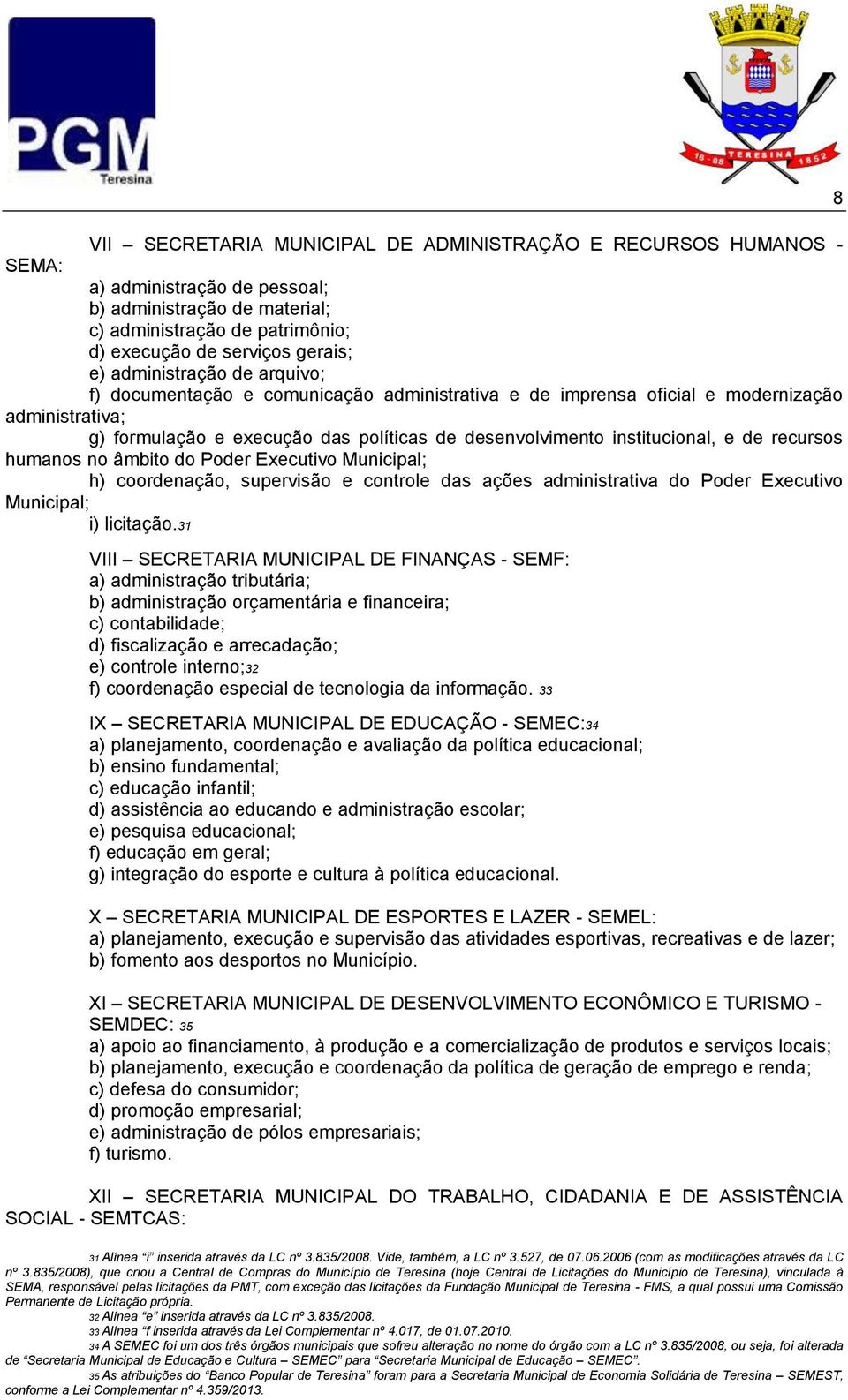 de recursos humanos no âmbito do Poder Executivo Municipal; h) coordenação, supervisão e controle das ações administrativa do Poder Executivo Municipal; i) licitação.