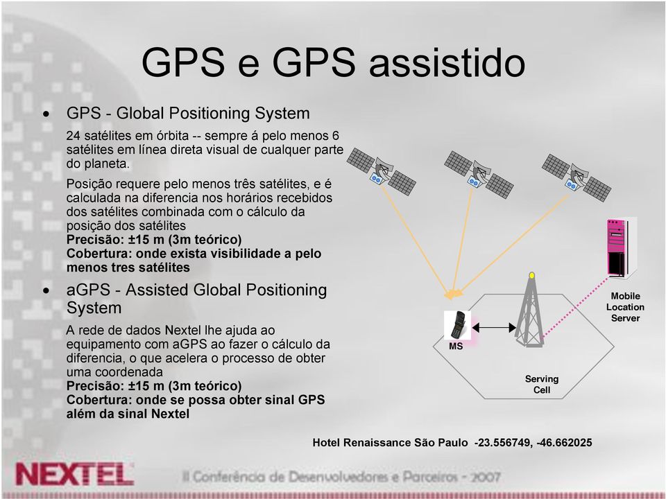 Cobertura: onde exista visibilidade a pelo menos tres satélites agps - Assisted Global Positioning System A rede de dados Nextel lhe ajuda ao equipamento com agps ao fazer o cálculo da
