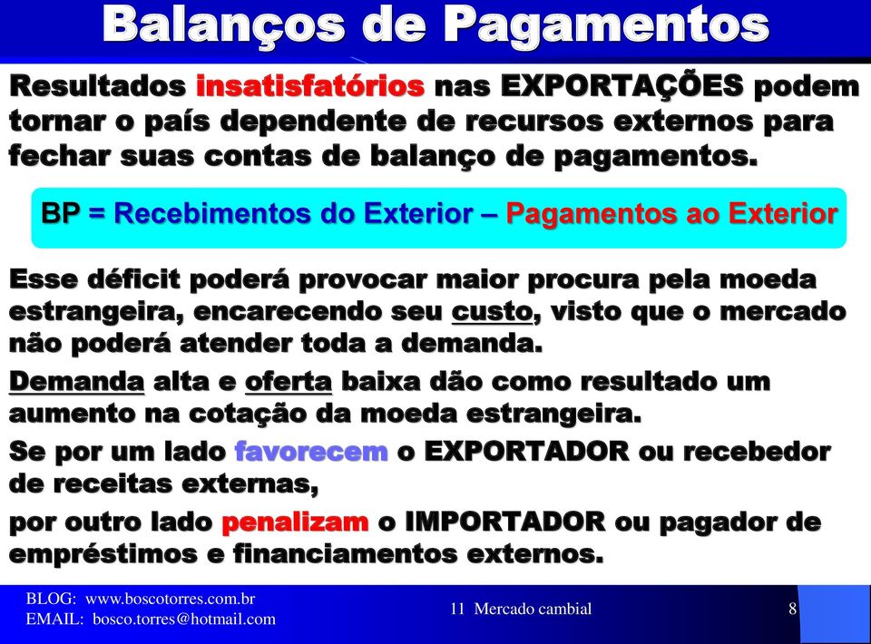 BP = Recebimentos do Exterior Pagamentos ao Exterior Esse déficit poderá provocar maior procura pela moeda estrangeira, encarecendo seu custo, visto que o