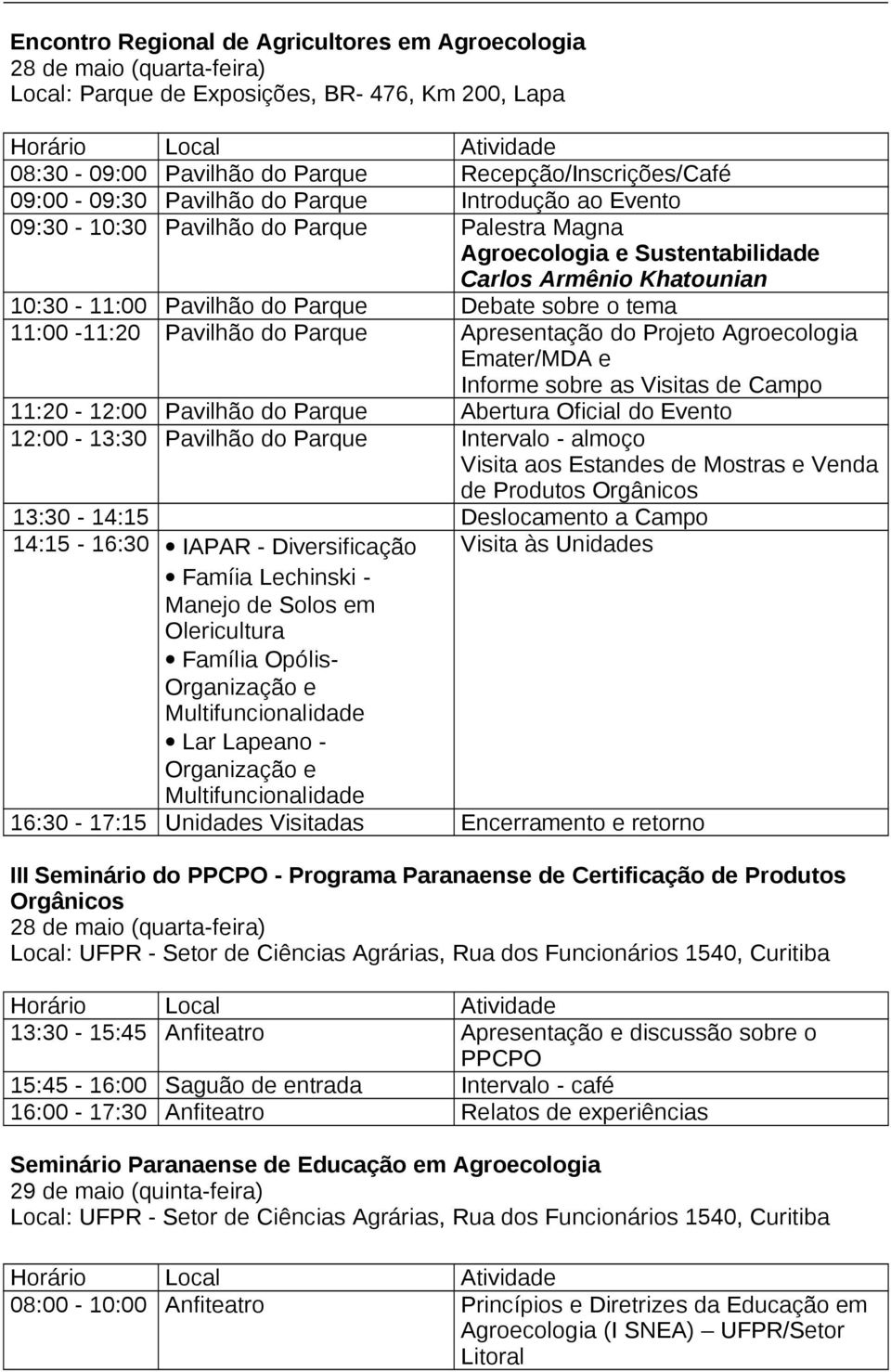 11:00-11:20 Pavilhão do Parque Apresentação do Projeto Agroecologia Emater/MDA e Informe sobre as Visitas de Campo 11:20-12:00 Pavilhão do Parque Abertura Oficial do Evento 12:00-13:30 Pavilhão do