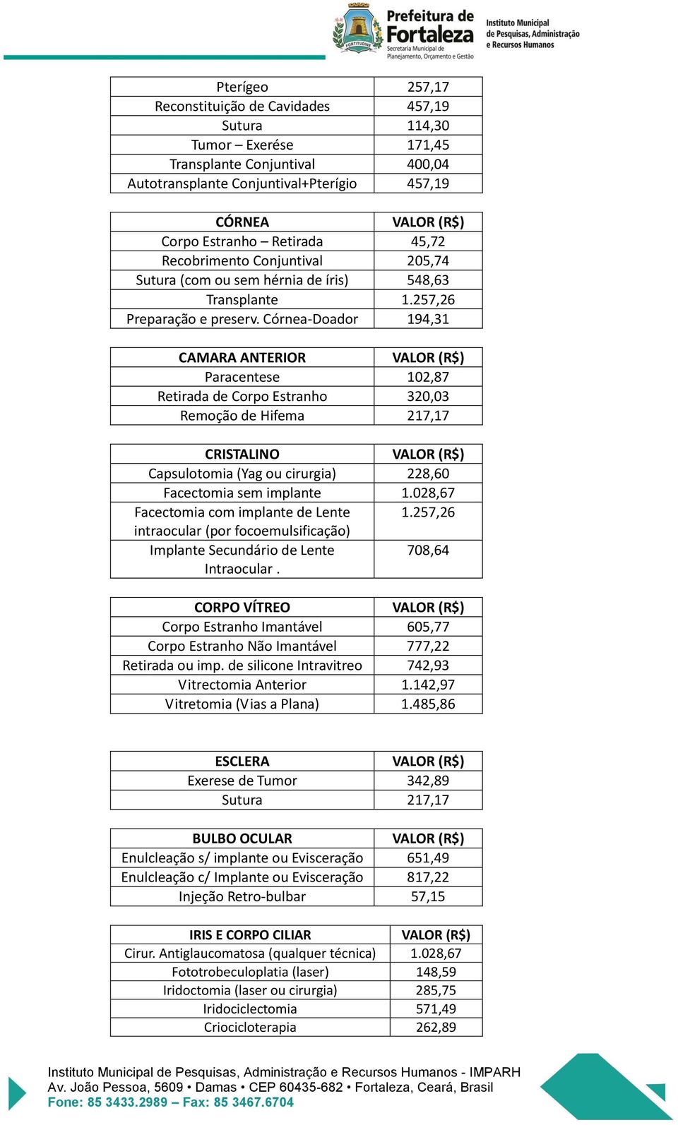 Córnea-Doador 194,31 CAMARA ANTERIOR Paracentese 102,87 Retirada de Corpo Estranho 320,03 Remoção de Hifema 217,17 CRISTALINO Capsulotomia (Yag ou cirurgia) 228,60 Facectomia sem implante 1.