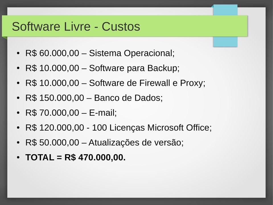 000,00 Software de Firewall e Proxy; R$ 150.000,00 Banco de Dados; R$ 70.