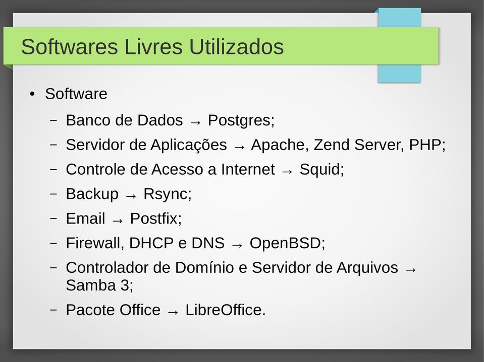 Squid; Backup Rsync; Email Postfix; Firewall, DHCP e DNS OpenBSD;