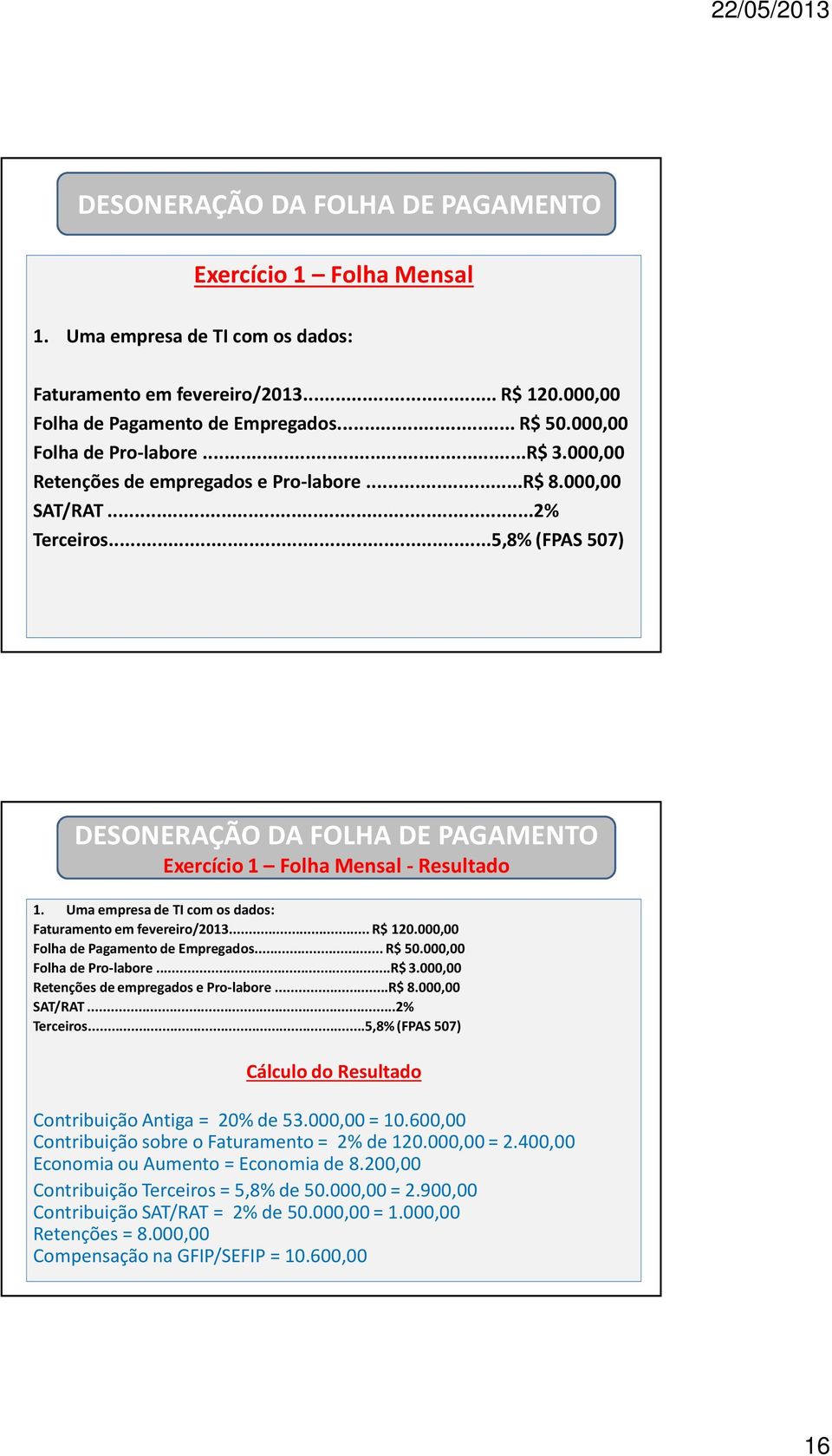 Uma empresa de TI com os dados: Faturamento em fevereiro/2013... R$ 120.000,00 Folha de Pagamento de Empregados... R$ 50.000,00 Folha de Pro-labore...R$ 3.000,00 Retenções de empregados e Pro-labore.