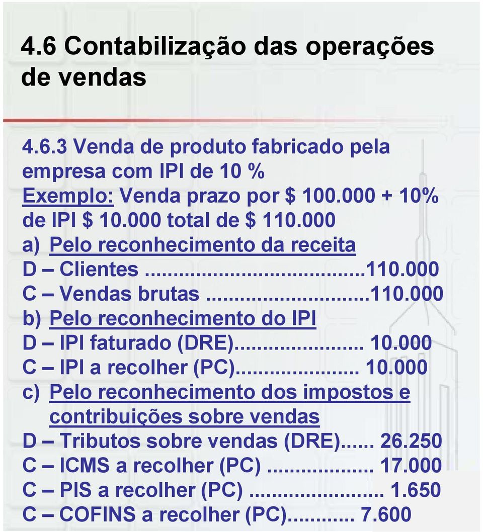 .. 10.000 C IPI a recolher (PC)... 10.000 c) Pelo reconhecimento dos impostos e contribuições sobre vendas D Tributos sobre vendas (DRE)... 26.