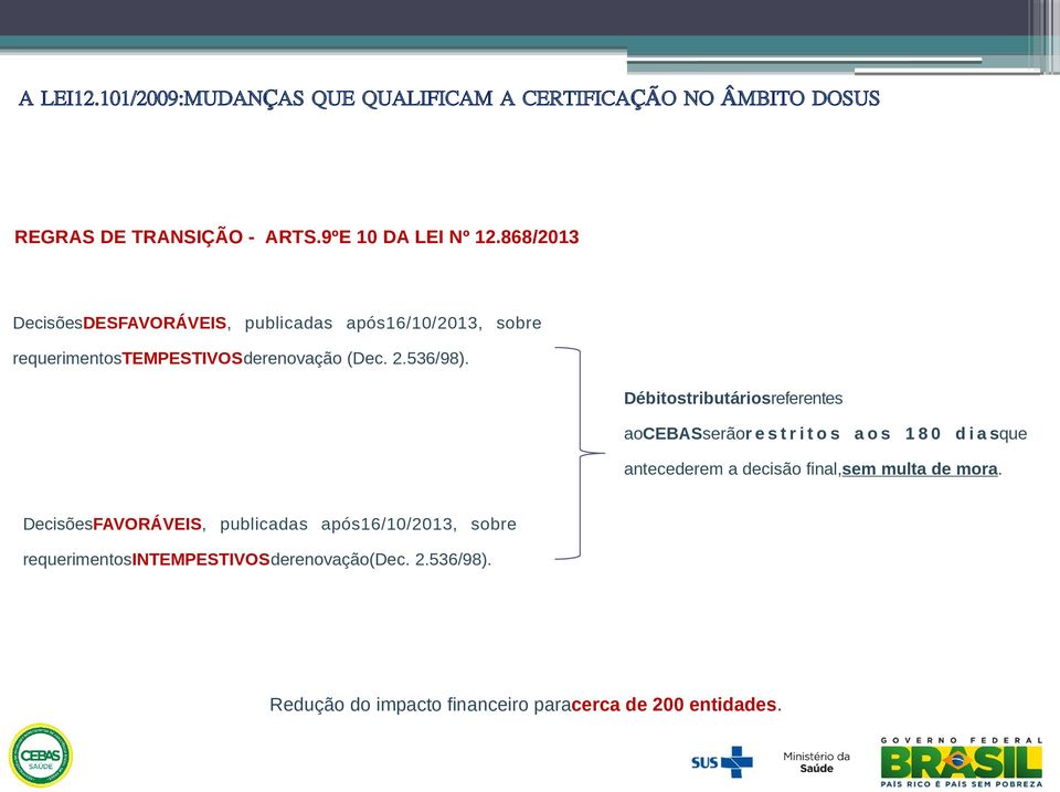 Débitostributáriosreferentes aocebasserãor e s t r i t o s a o s 1 8 0 d i a sque antecederem a decisão final,sem multa de mora.