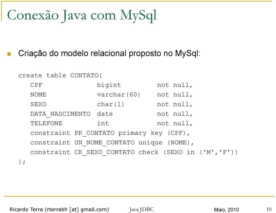 not null, constraint PK_CONTATO primary key (CPF), constraint UN_NOME_CONTATO unique (NOME), constraint