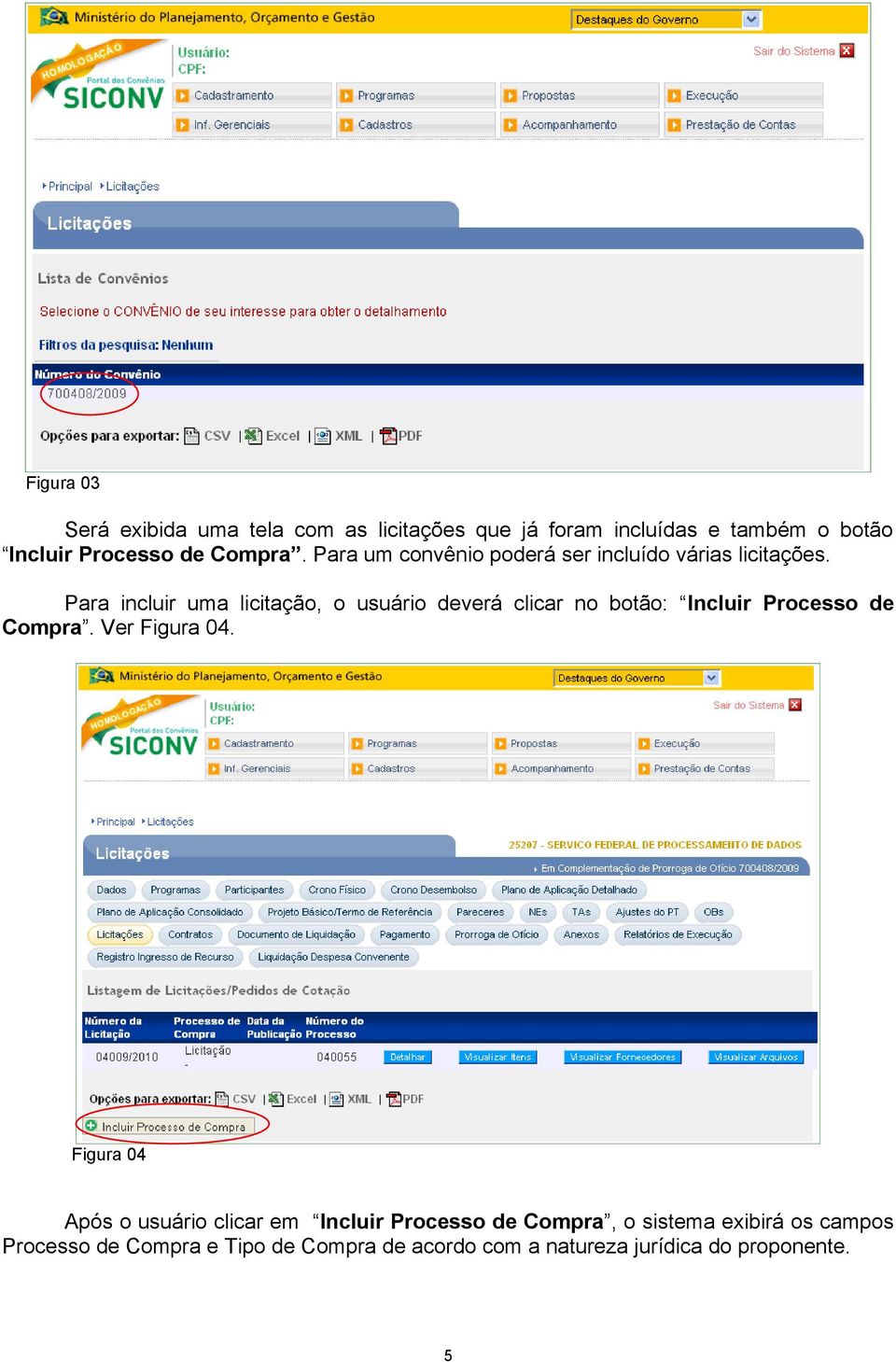 Para incluir uma licitação, o usuário deverá clicar no botão: Incluir Processo de Compra. Ver Figura 04.