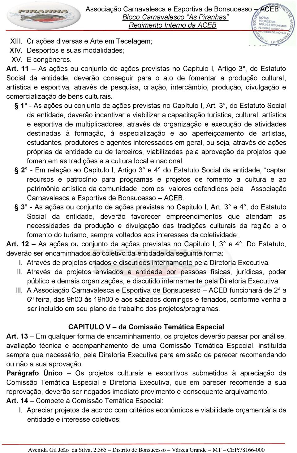 11 As ações ou conjunto de ações previstas no Capitulo I, Artigo 3, do Estatuto Social da entidade, deverão conseguir para o ato de fomentar a produção cultural, artística e esportiva, através de