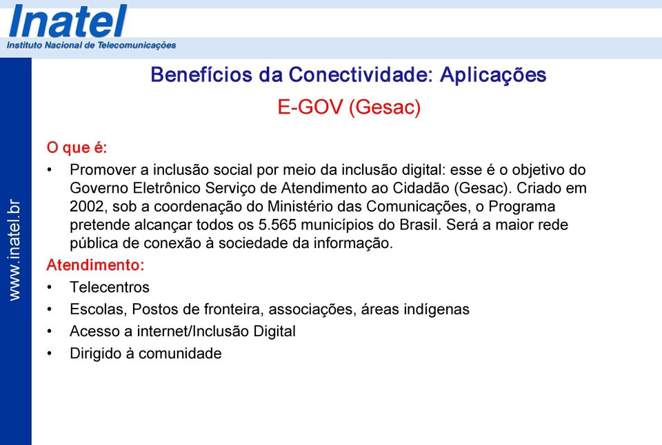 Criado em 2002, sob a coordenação do Ministério das Comunicações, o Programa pretende alcançar todos os 5.565 municípios do Brasil.