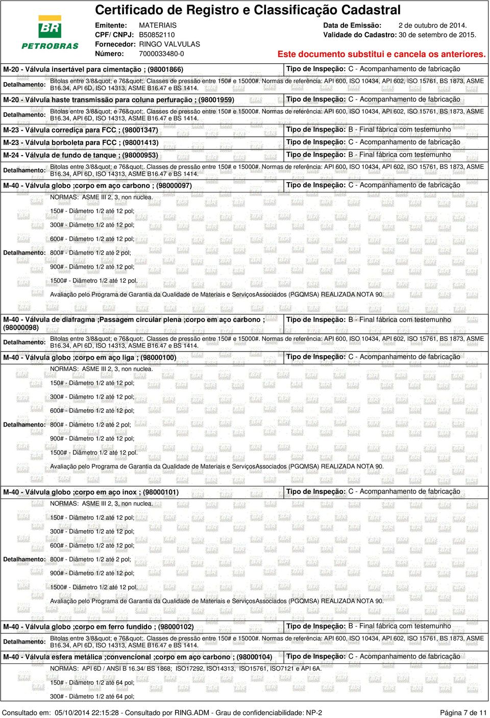 Acompanhamento de fabricação M-24 - Válvula de fundo de tanque ; (98000953) Tipo de Inspeção: B - Final fábrica com testemunho M-40 - Válvula globo ;corpo em aço carbono ; (98000097) Tipo de