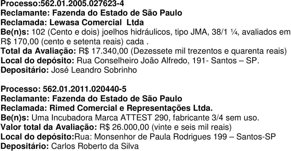 Total da Avaliação: R$ 17.340,00 (Dezessete mil trezentos e quarenta reais) Local do depósito: Rua Conselheiro João Alfredo, 191- Santos SP.