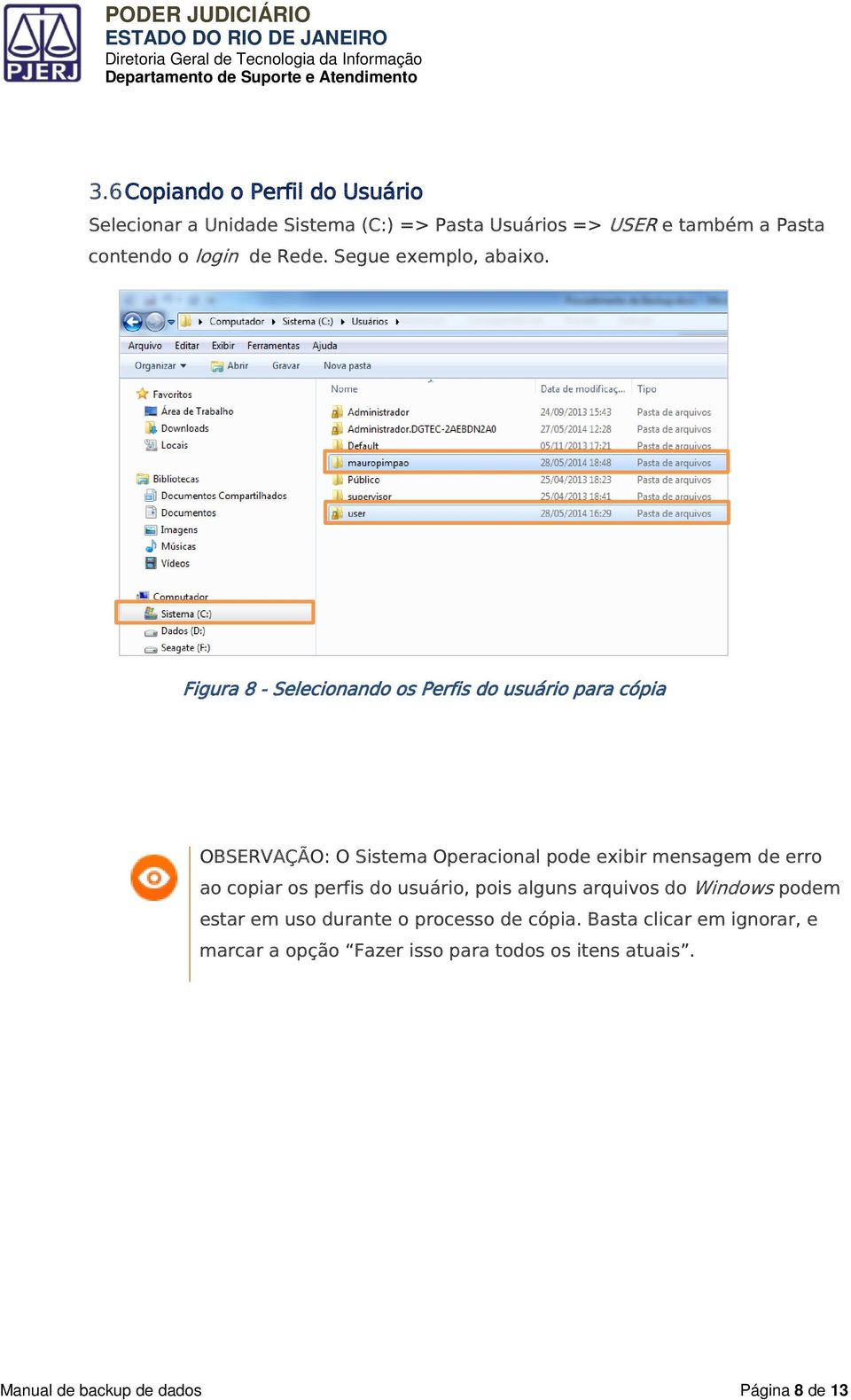 Figura 8 - Selecionando os Perfis do usuário para cópia OBSERVAÇÃO: O Sistema Operacional pode exibir mensagem de erro ao