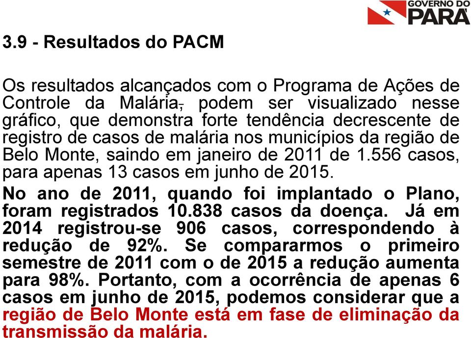 No ano de 2011, quando foi implantado o Plano, foram registrados 10.838 casos da doença. Já em 2014 registrou-se 906 casos, correspondendo à redução de 92%.